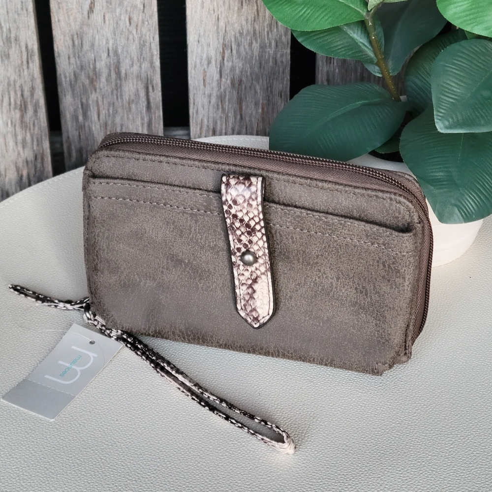 Maurices Snake Skin Faux Suede Brown Zip Wristlet Wallet